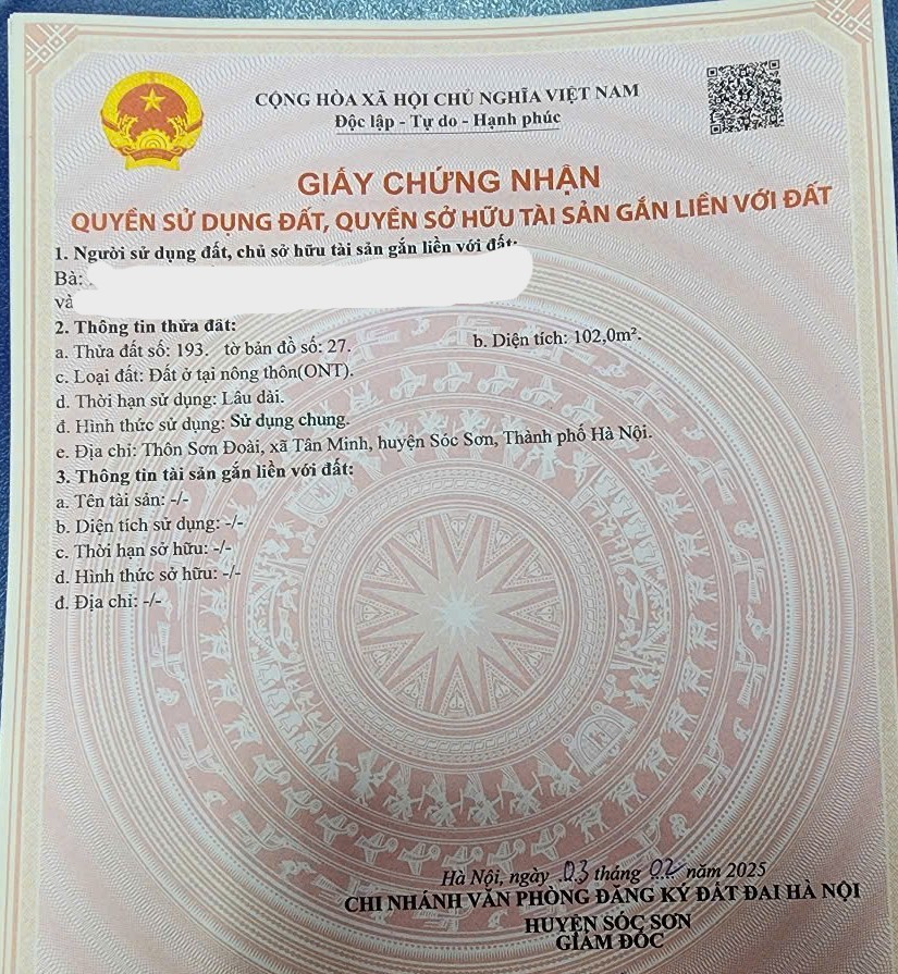  2 tỷ mà mua được 102m full thổ cư yaoj xã Sóc Sơn, không mua là mất 