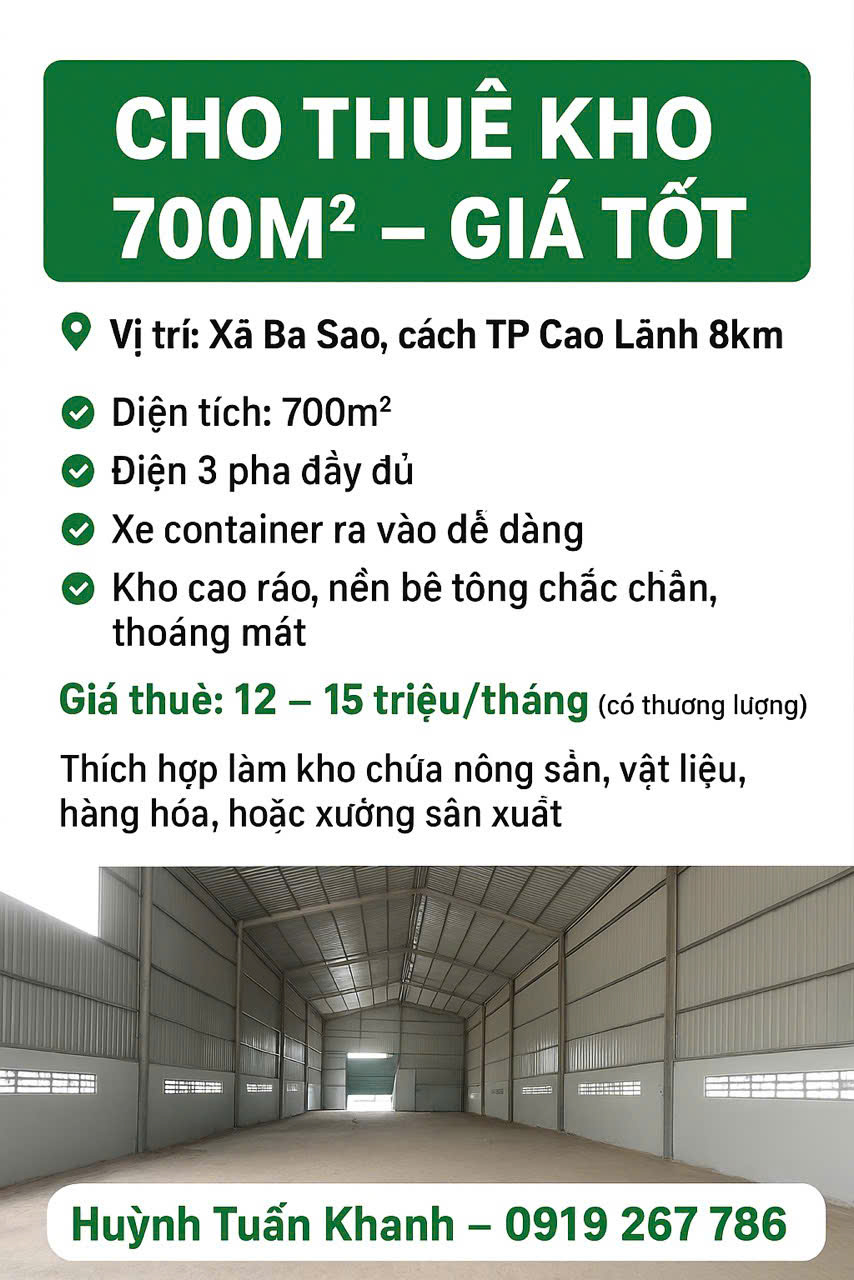  CHO THUÊ KHO 700m² – GIÁ TỐT TẠI ĐỒNG THÁP 