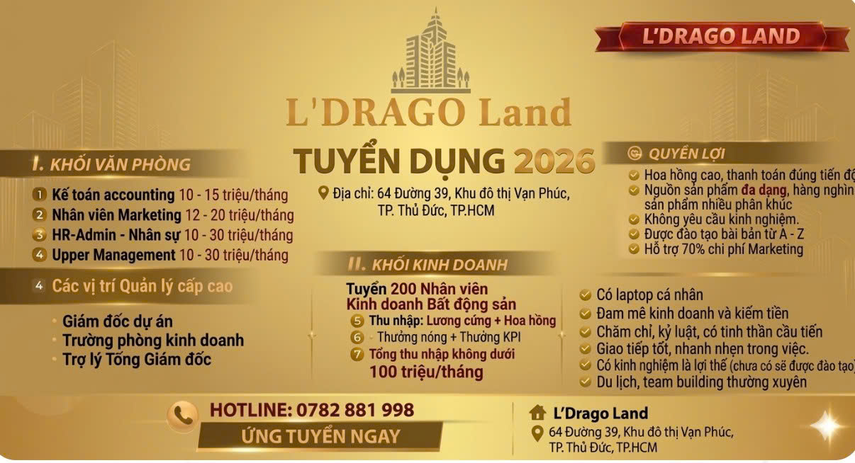  L’DRAGO LAND  - TUYỂN DỤNG NHÂN SỰ 2026 