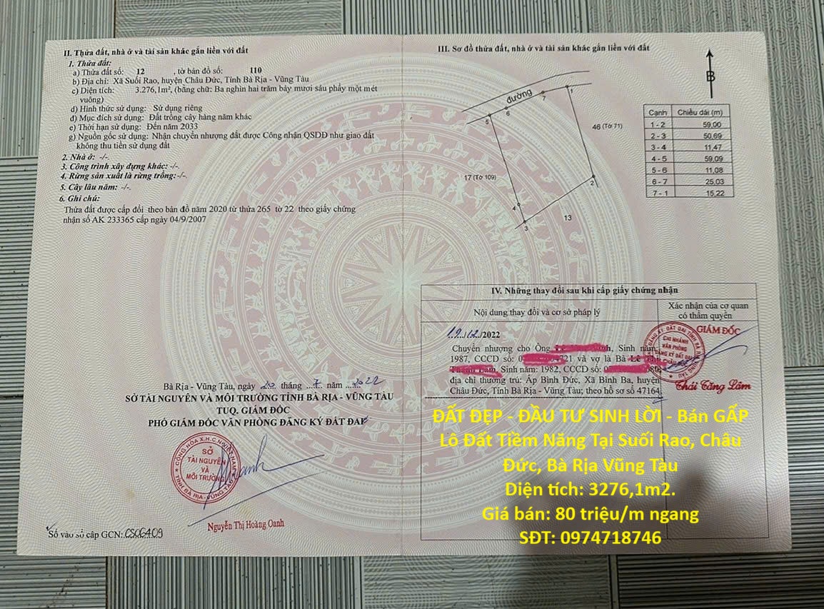  ĐẤT ĐẸP - ĐẦU TƯ SINH LỜI - Bán GẤP Lô Đất Tiềm Năng Tại Suối Rao, Châu Đức, Bà Rịa Vũng Tàu 