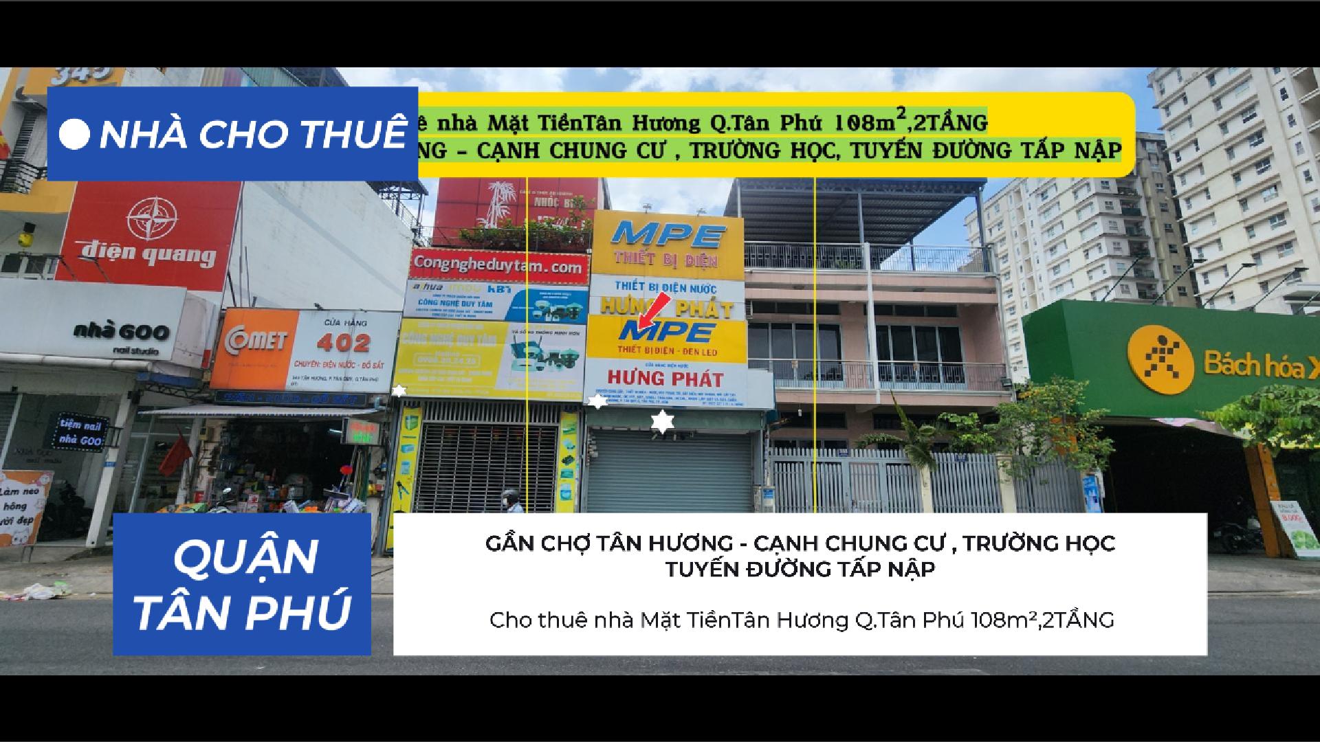  Cho thuê nhà Mặt TiềnTân Hương Q.Tân Phú 108m²,2TẦNG, 16Triệu 