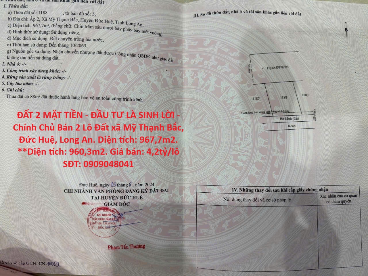  ĐẤT 2 MẶT TIỀN - ĐẦU TƯ LÀ SINH LỜI - Chính Chủ Bán 2 Lô Đất xã Mỹ Thạnh Bắc, Đức Huệ, Long An 