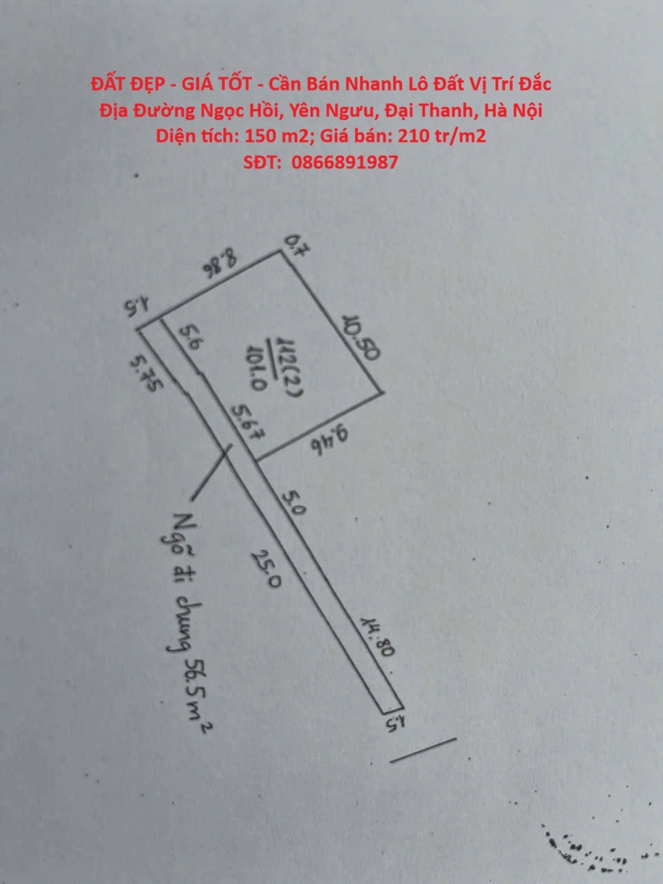  ĐẤT ĐẸP - GIÁ TỐT - Cần Bán Nhanh Lô Đất Vị Trí Đắc Địa Đường Ngọc Hồi, Yên Ngưu, Đại Thanh, Hà Nội 