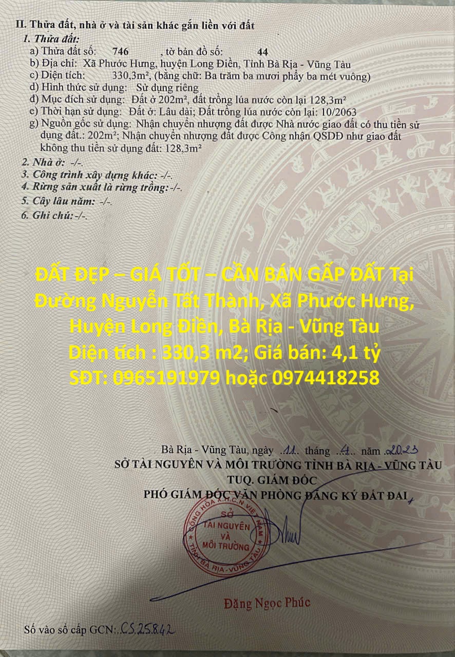  ĐẤT ĐẸP – GIÁ TỐT – CẦN BÁN GẤP ĐẤT Tại Xã Phước Hưng, Huyện Long Điền, Bà Rịa - Vũng Tàu 