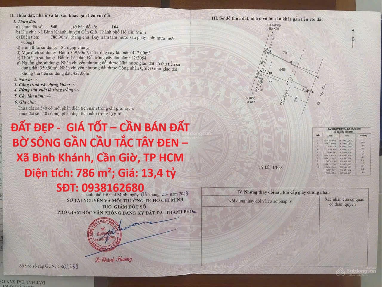  ĐẤT ĐẸP -  GIÁ TỐT – CẦN BÁN ĐẤT BỜ SÔNG GẦN CẦU TẮC TÂY ĐEN – Xã Bình Khánh, Cần Giờ, TP HCM 