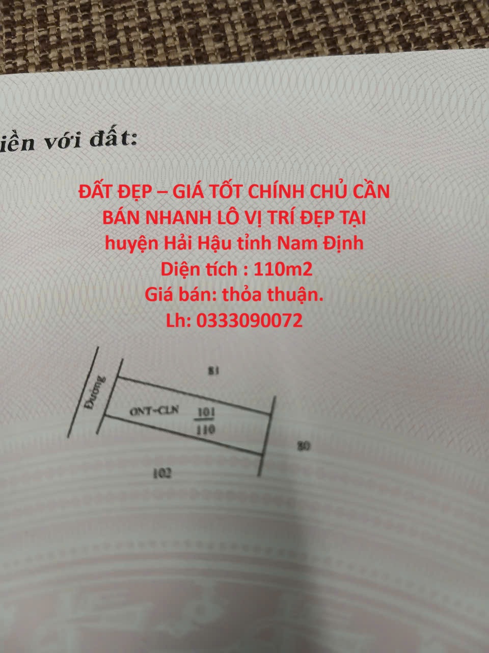  ĐẤT ĐẸP – GIÁ TỐT CHÍNH CHỦ CẦN BÁN NHANH LÔ VỊ TRÍ ĐẸP TẠI huyện Hải Hậu tỉnh Nam Định 