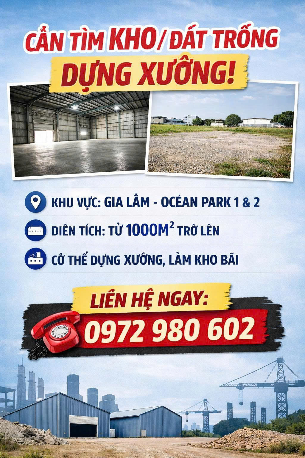  CẦN TÌM GẤP KHO HOẶC ĐẤT DỰNG XƯỞNG - KHU VỰC GIA LÂM, OCEAN PARK 