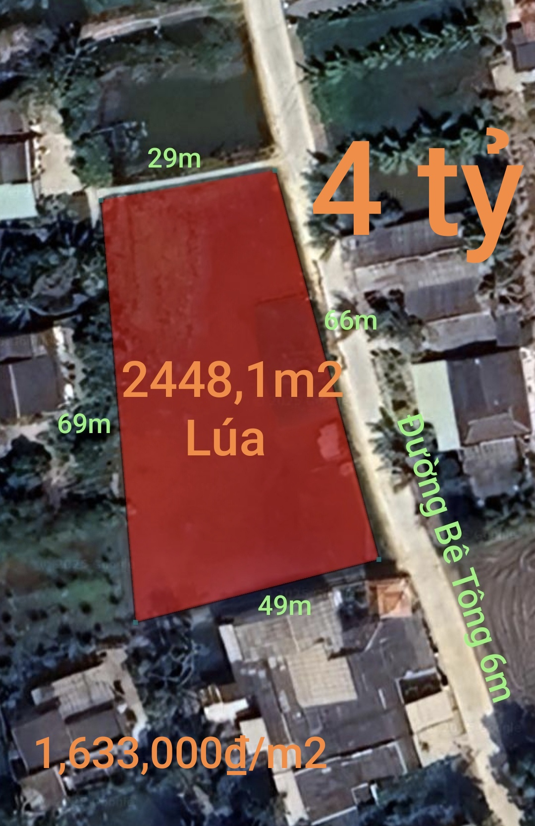  Bán lô đất lúa 4 mặt tiền chuyển thổ phân lô giá chốt 4 tỷ 