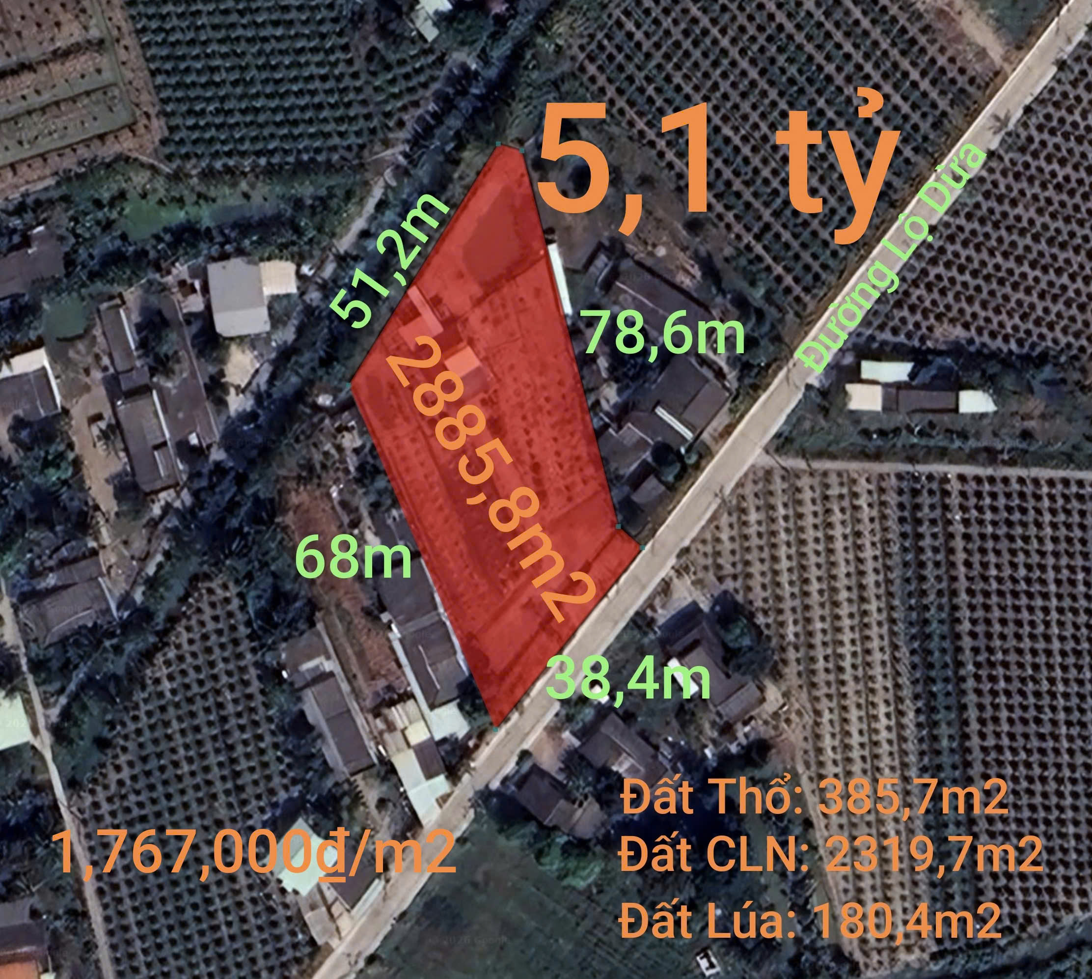  Bán đất thổ vườn đường Lộ Dừa giá 5,1 tỷ 