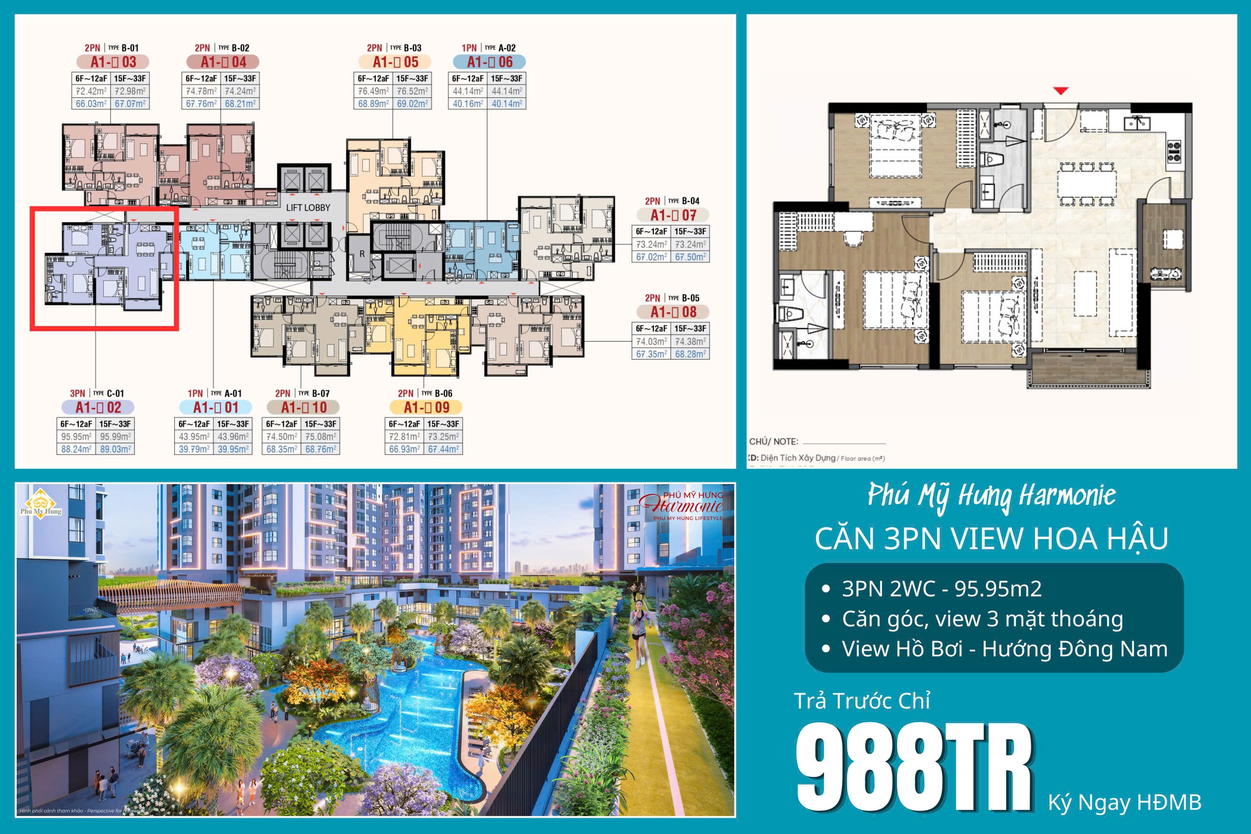  Bán Căn 3PN Phú Mỹ Hưng View Đẹp Nhất Dự Án – 95m², 3 Mặt Thoáng Mỹ Linh – PKD Phú Mỹ Hưng
 0901 323 786 