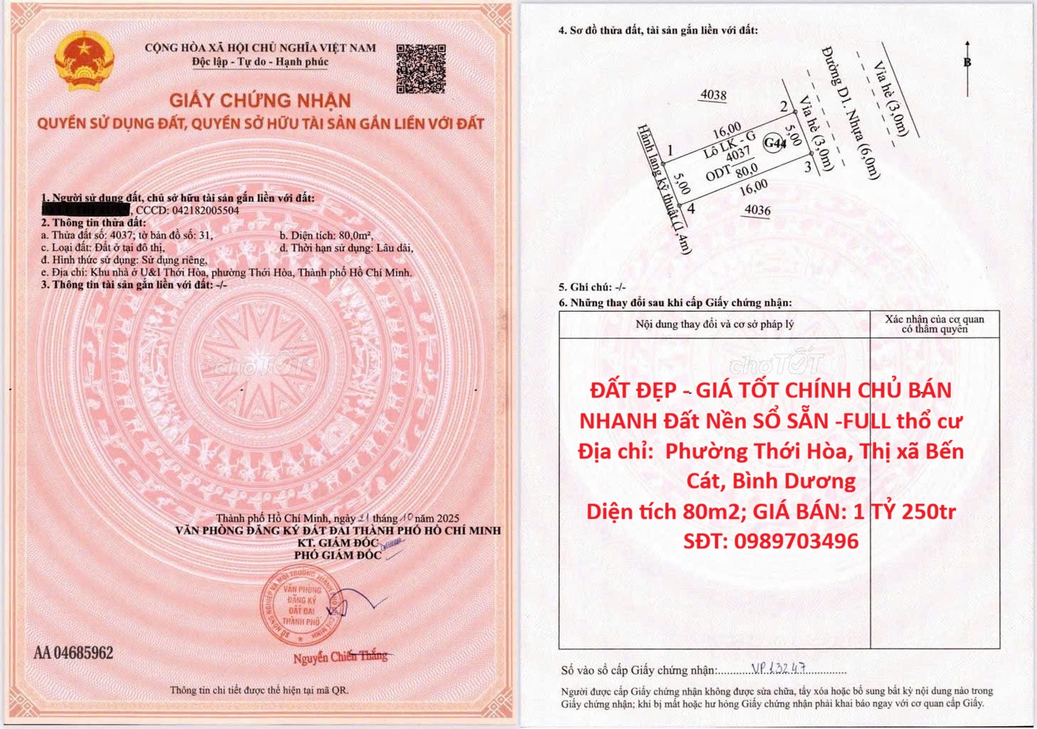  ĐẤT ĐẸP - GIÁ TỐT CHÍNH CHỦ BÁN NHANH Đất Nền SỔ SẴN -FULL thổ cư Phường Thới Hòa,  Bến Cát 