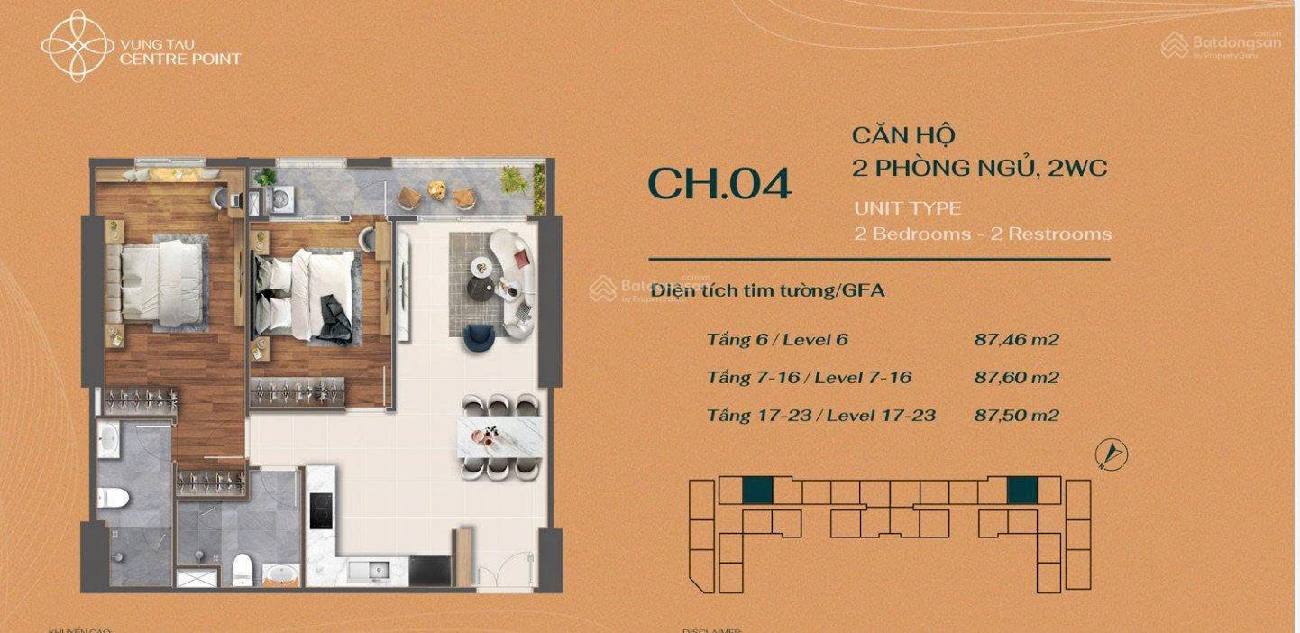  Bán căn hộ 2PN, 2WC - 87 m2 View đông nam - full nội thất , giá 4,75 tỷ, - Vung Tau Centre 