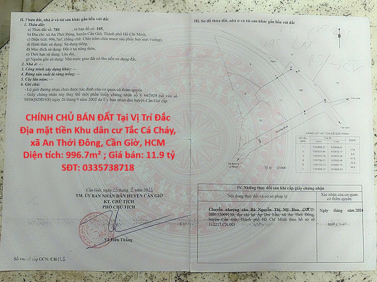  CHÍNH CHỦ BÁN ĐẤT Tại Vị Trí Đắc Địa mặt tiền Khu dân cư Tắc Cá Cháy, xã An Thới Đông, Cần Giờ. Dt 996.7 m2, full thổ cư. 