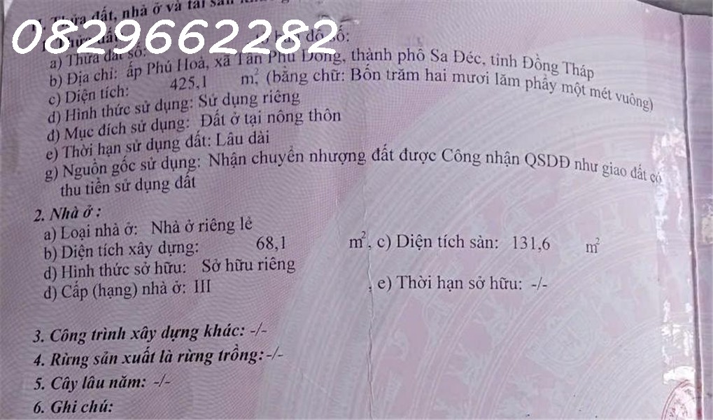  Bán đất 425m2 thổ cư MT Lê Hồng Phong, Tân Dương, Đồng Tháp. Sổ hồng, Đông Nam, giá 4.4 tỷ. 