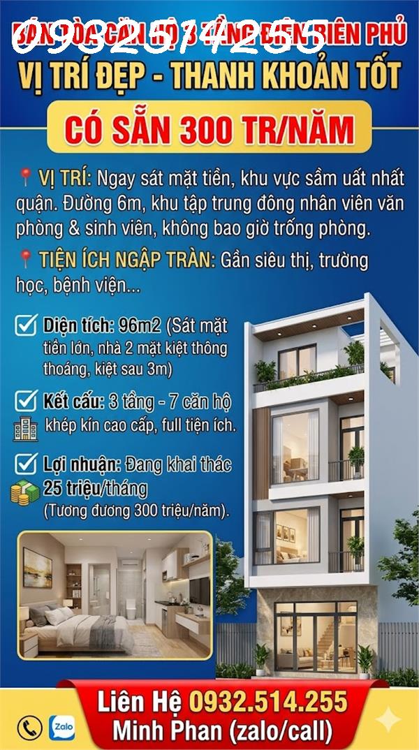  Toà Căn Hộ Thu Nhập 300tr/Năm - Đường Điên Biên Phủ - Giá Bán Chỉ 7 tỷ xxx - Kiệt ô tô 6m - Thanh Khê 