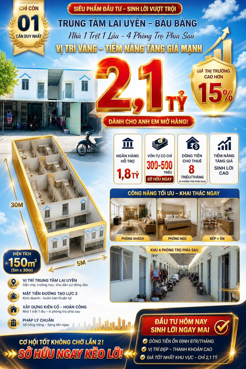  NHÀ MẶT TIỀN QL13 LAI UYÊN, BÀU BÀNG - 150m2, 6PN, SỔ ĐỎ GIÁ 2.1 TỶ - HIẾM CÓ, GỌI NGAY 0898333313! 