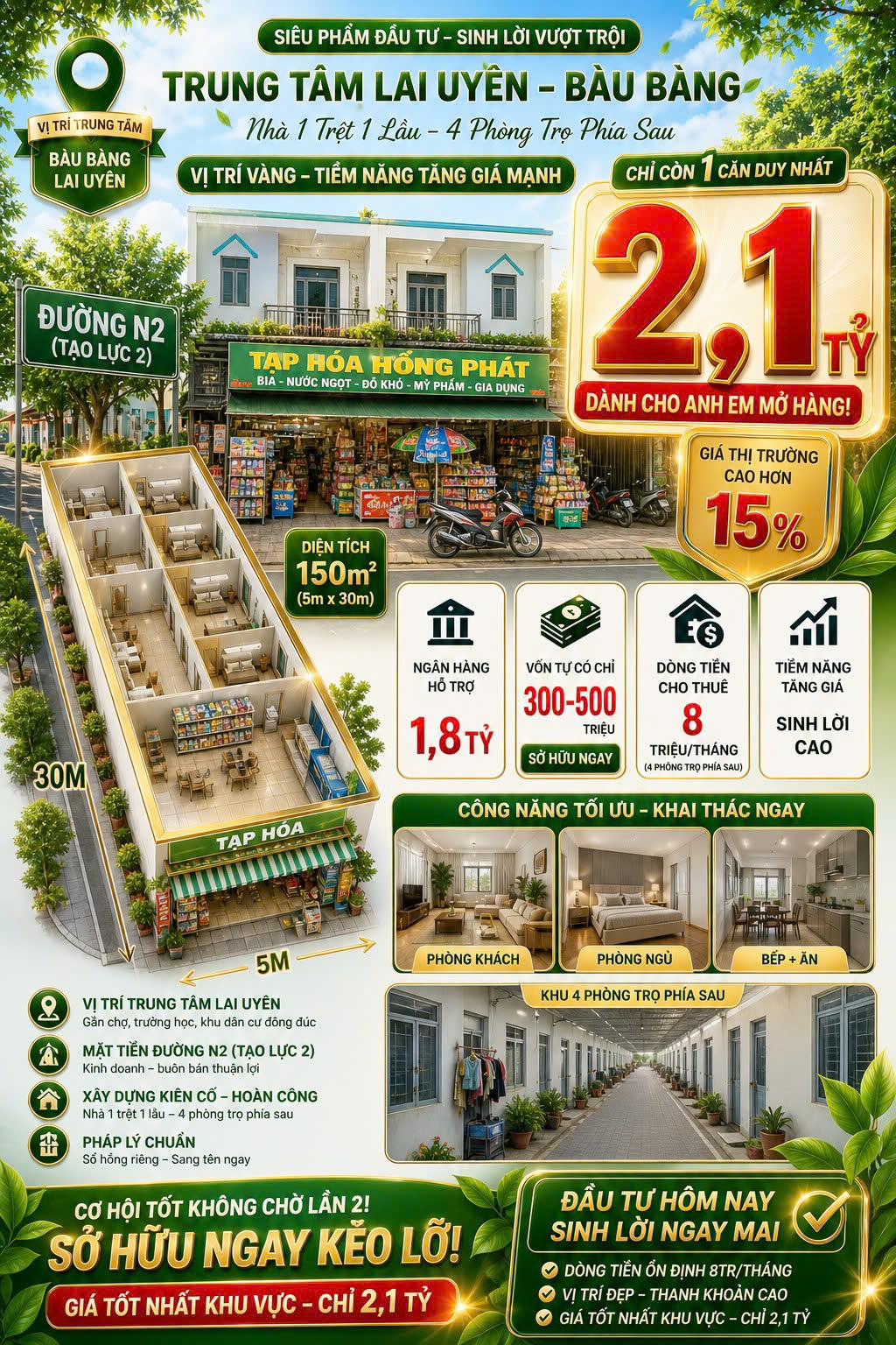  Nhà Mặt Tiền ngay QL13 Bàu Bàng 5x30 nhà đẹp đang cho thuê dòng tiền - 150m2 - 6PN - Sổ Đỏ - Giá 2.1 Tỷ - Cơ Hội Có 1-0-2! 