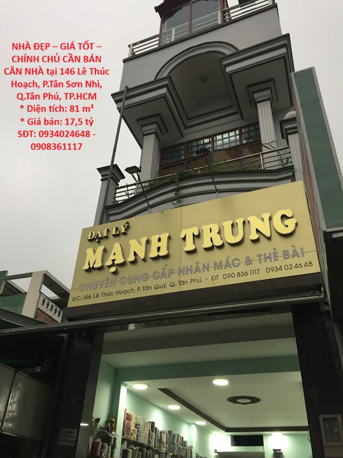  NHÀ ĐẸP – GIÁ TỐT –CHÍNH CHỦ CẦN BÁN CĂN NHÀ tại 146 Lê Thúc Hoạch, P.Tân Sơn Nhì, Q.Tân Phú, TP.HCM 