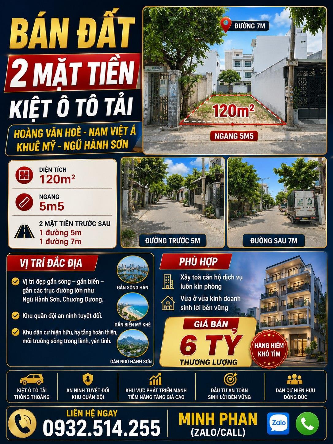  Chính chủ cần bán Lô Đất Hoàng Văn Hoè - 2 mặt tiền trước sau - 120 m2 - Giá chỉ 6 tỷ - Liên hệ 0932514255 