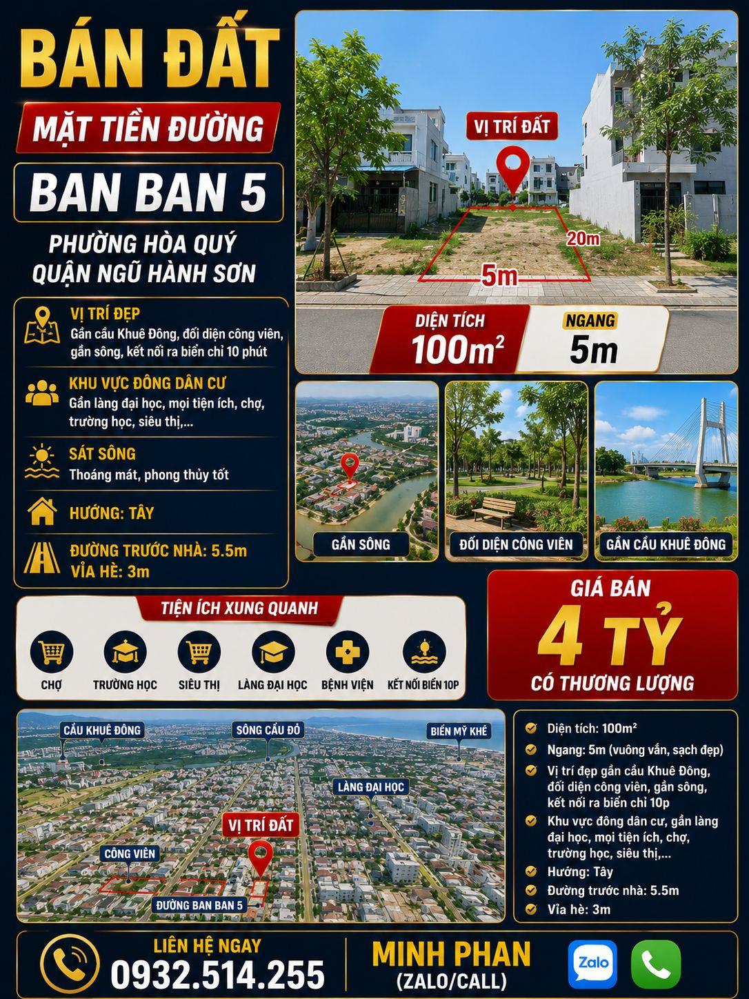  Chính chủ cần bán Lô đất Khu Bá Tùng - Đường Ban Ban 5 - Ngũ Hành Sơn - Giá 4 tỷ tl 