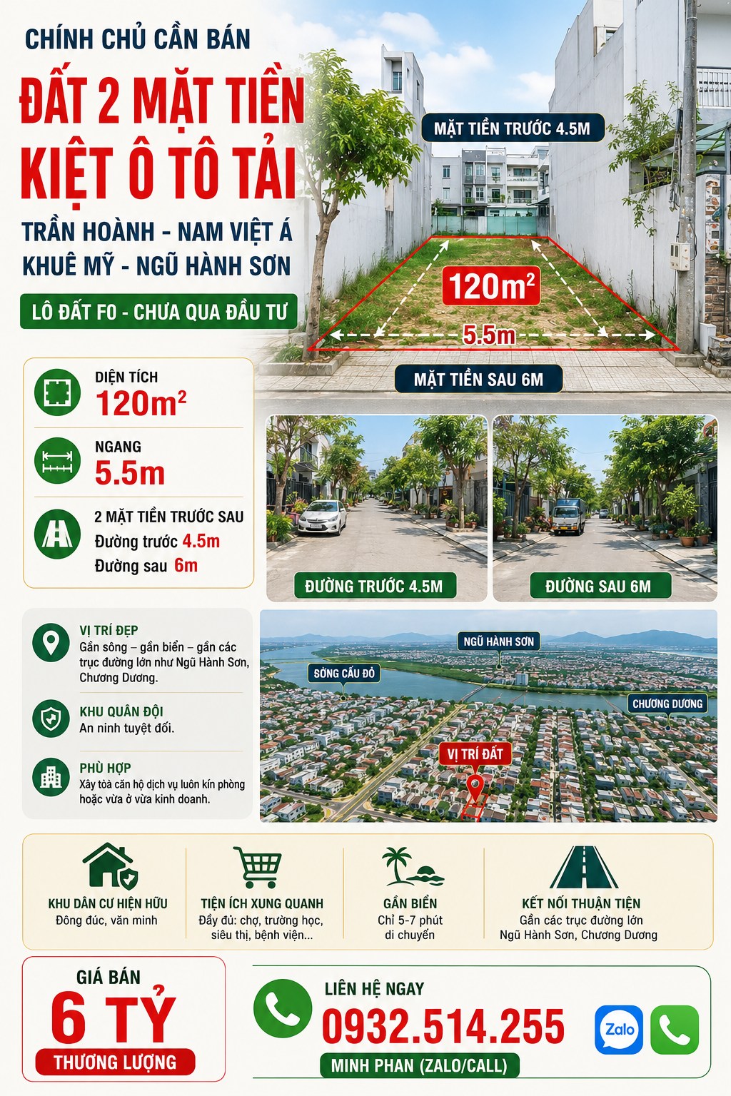  Chính chủ cần bán lô đất 120m2 - ngang 5m5 - Kiệt ô tô 6m - Đường Trần Hoành - Khu Nam Việt Á - NHS - 6 tỷ 