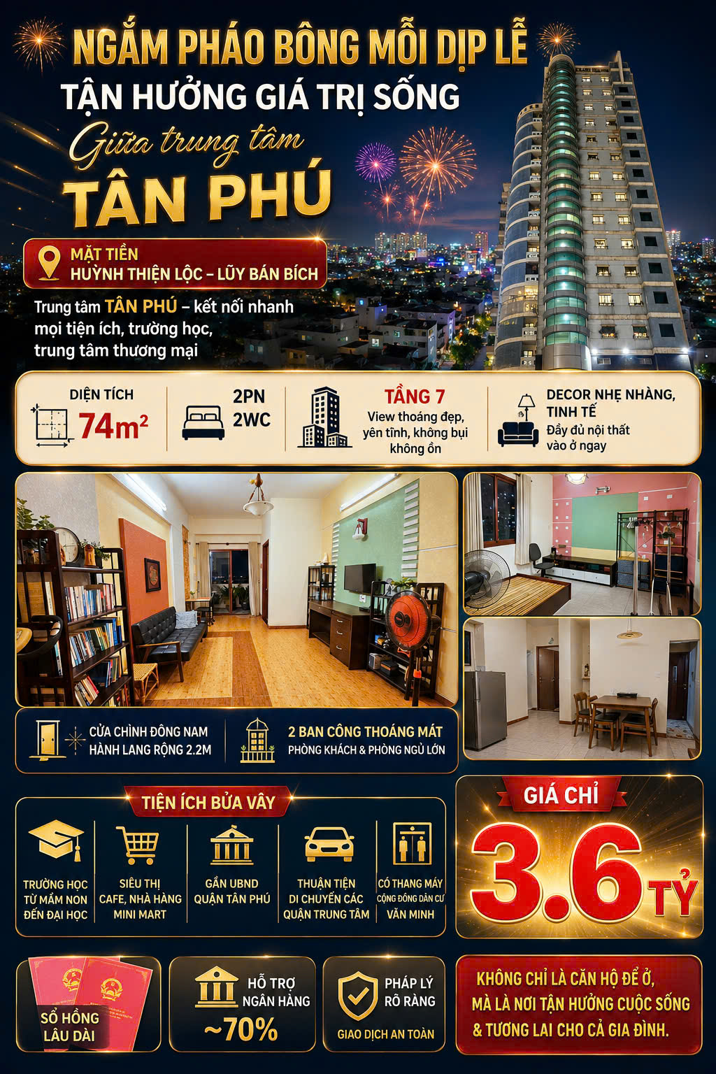  Mặt tiền Huỳnh Thiện Lộc – Lũy Bán Bích đắc địa, Căn hộ lầu 7 Chung Cư Khang Phú - Quận Tân Phú, 74m2, 2 PN 
