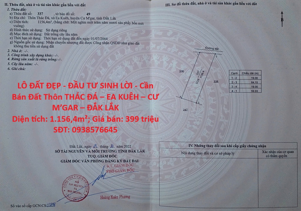 LÔ ĐẤT ĐẸP - ĐẦU TƯ SINH LỜI - Cần Bán Đất Thôn THÁC ĐÁ – EA KUÊH – CƯ M’GAR – ĐẮK LẮK 