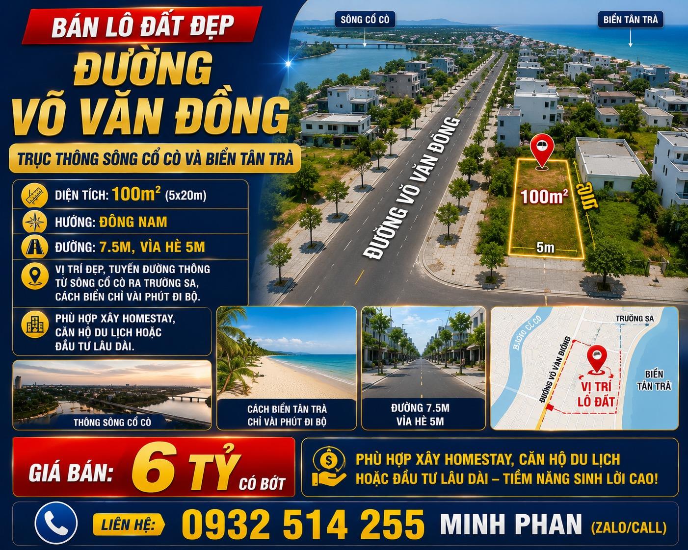  Bán lô đất đẹp 100m2 đường 7,5m Võ Văn Đồng - Trục thông sông và biển Tân Trà - Giá rẻ nhất tuyến 