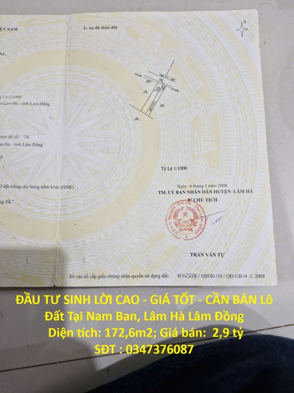  ĐẦU TƯ SINH LỜI CAO - GIÁ TỐT - CẦN BÁN Lô Đất Tại Nam Ban, Lâm Hà Lâm Đồng 