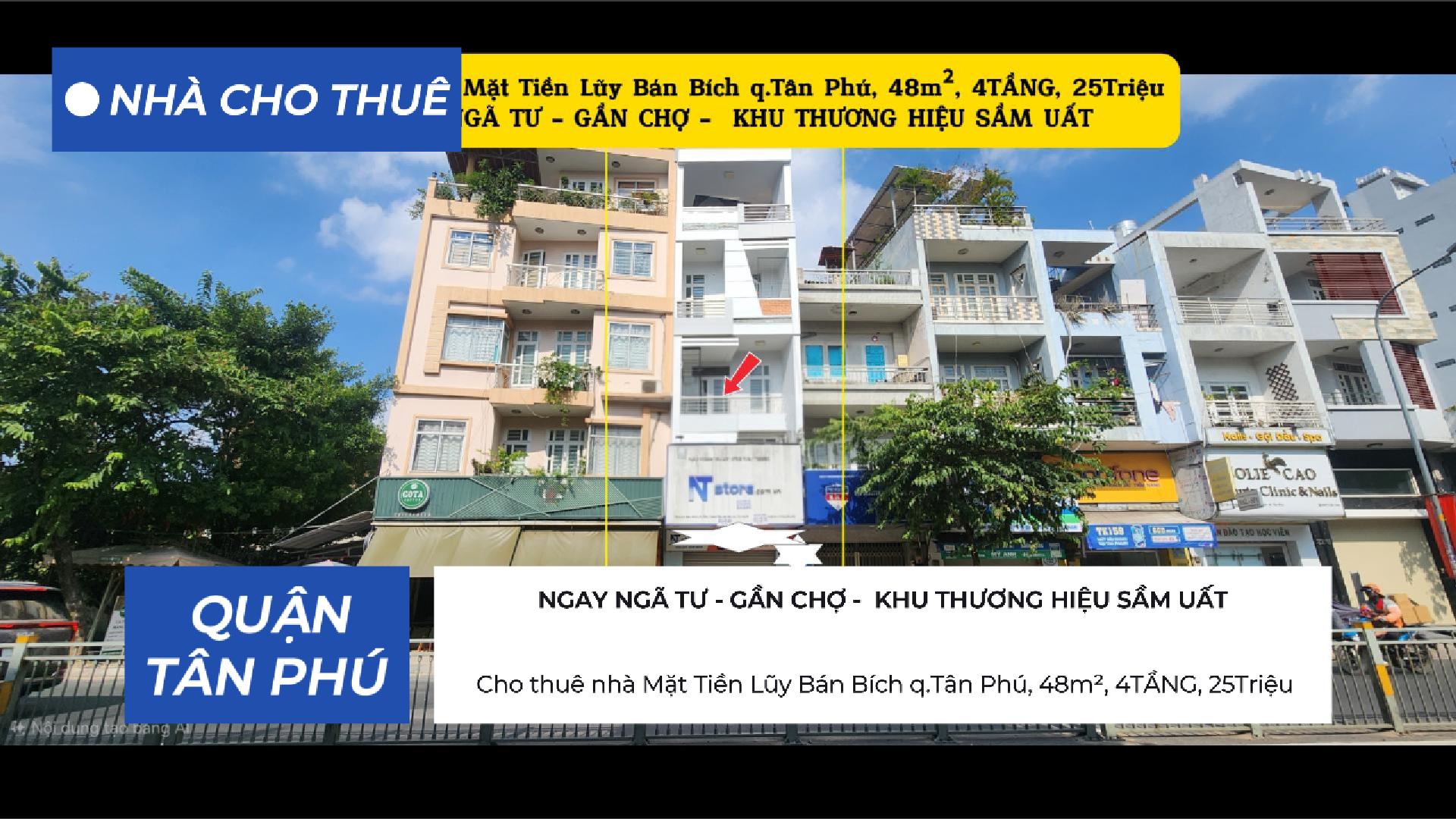  Cho thuê nhà Mặt Tiền Lũy Bán Bích q.Tân Phú, 48m², 4TẦNG, 25Triệu 