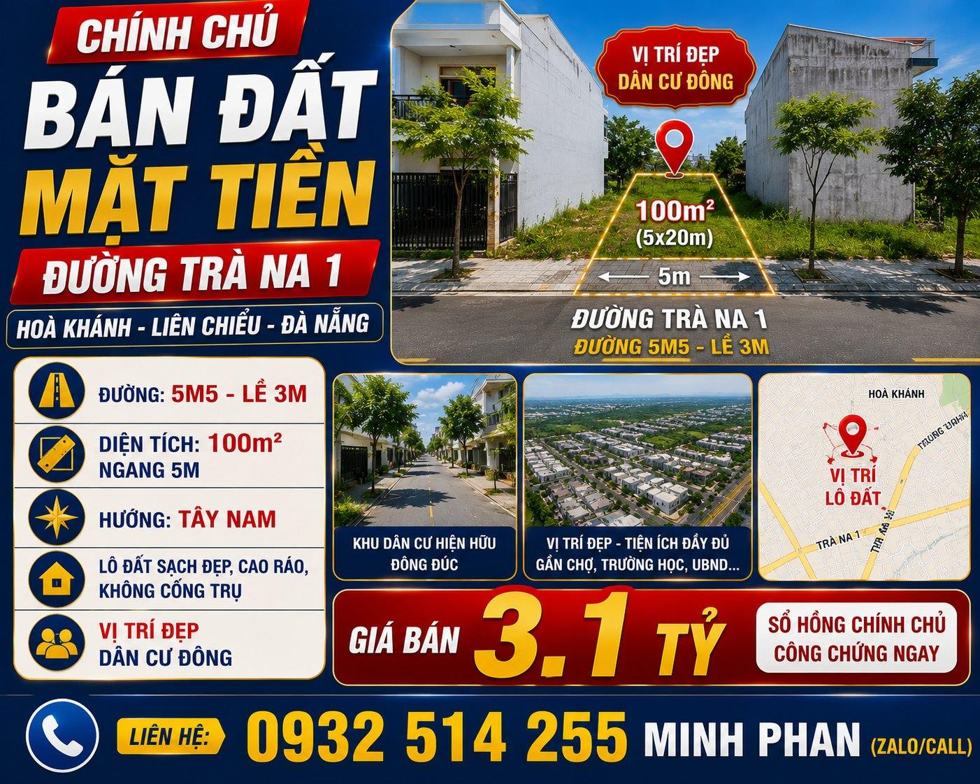  Bán Lô Đất Trà Na 1 - Hoà Khánh - Liên Chiểu - Đà Nẵng - Đường 5m5 lề 3m Giá chỉ 3 tỷ 