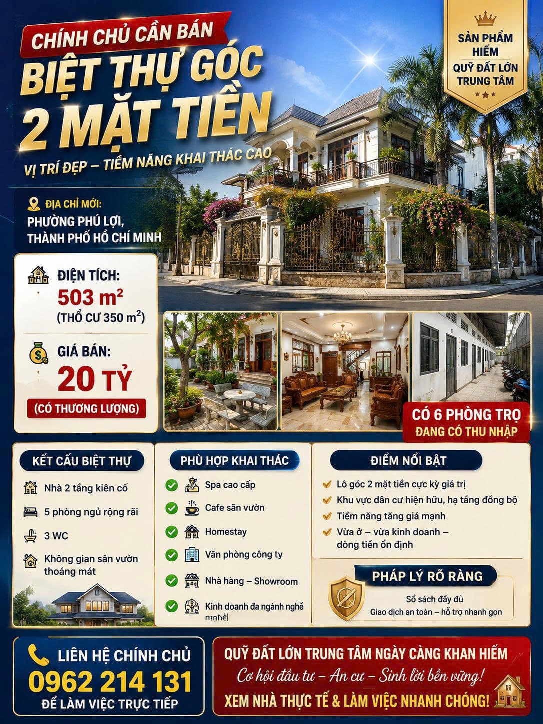  CHÍNH CHỦ CẦN BÁN CĂN Biệt Thự Góc 2 Mặt tiền 500 m2 Phường Phú Lọi, TP. Thủ Dầu Một, Bình Dương. 