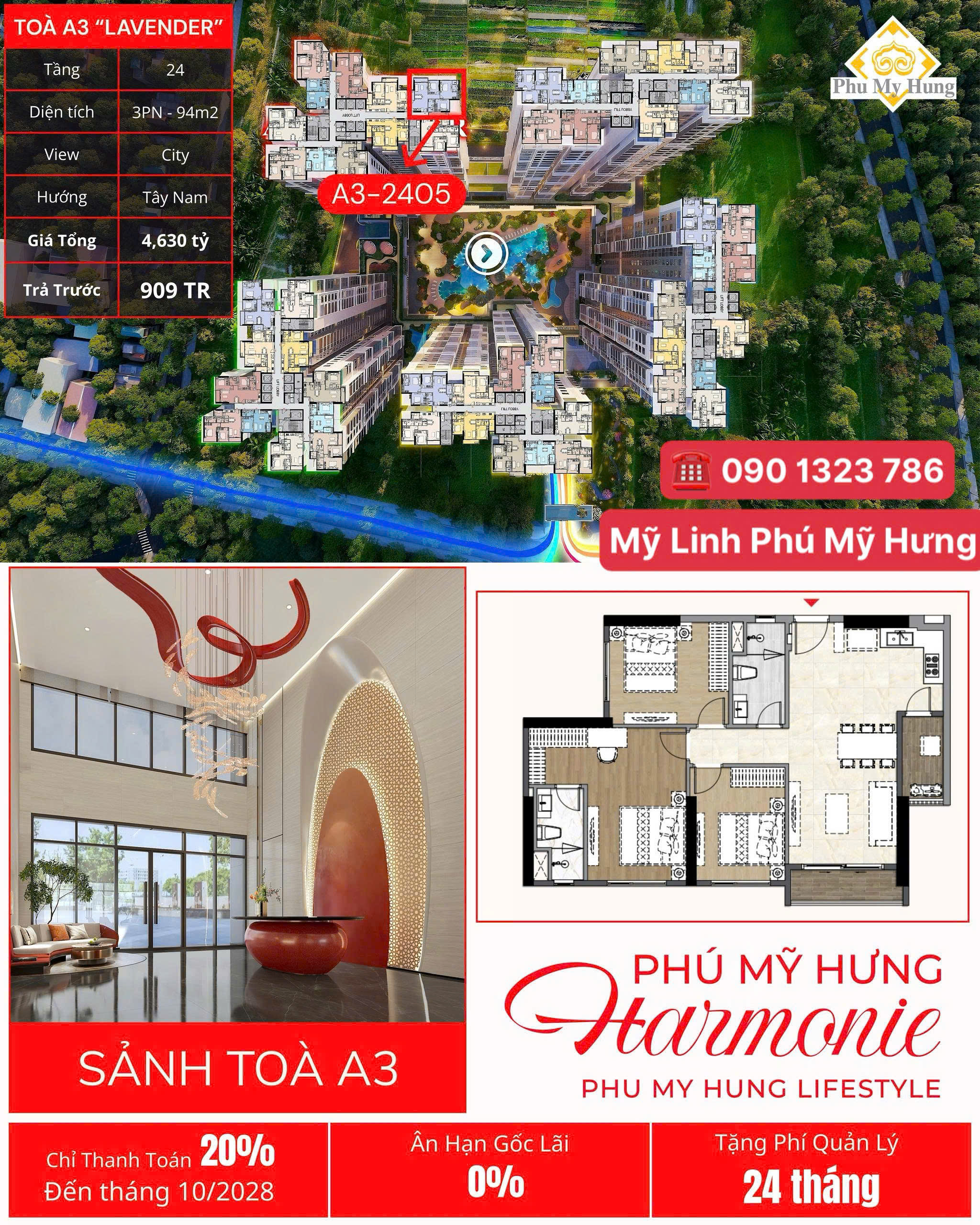  3 PHÒNG NGỦ HARMONIE PHÚ MỸ HƯNG 4,6 TỶ, 95M2, 1 Ô XE HƠI, LS 0%, ÂN HẠN GỐC, CK 6%. XEM NGAY 0901323786 