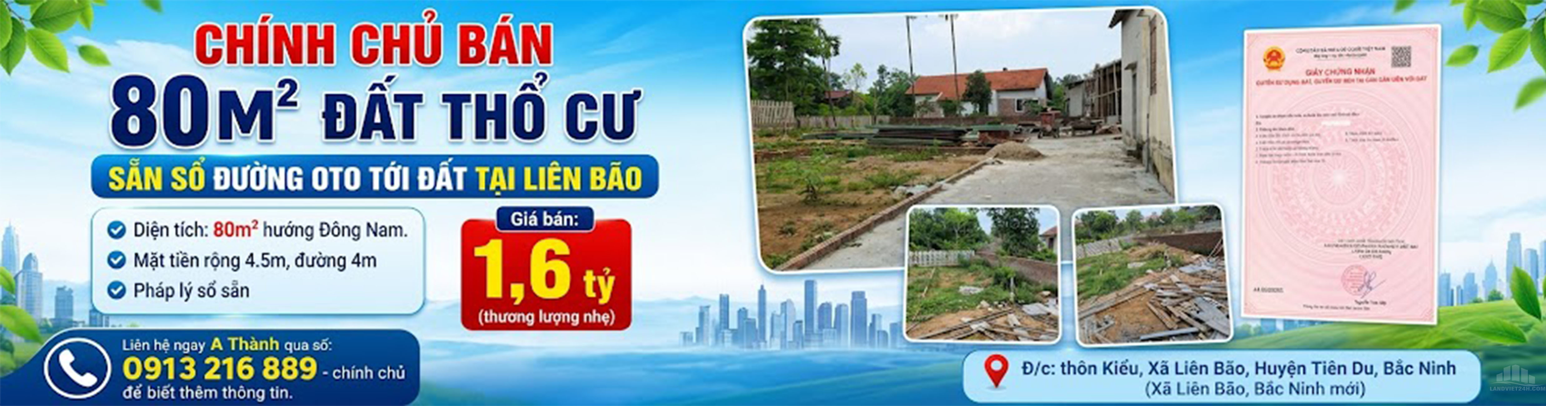  CHÍNH CHỦ BÁN 80M2 ĐẤT THỔ CƯ SẴN SỔ ĐƯỜNG OTO TỚI ĐẤT TẠI LIÊN BÃO 
