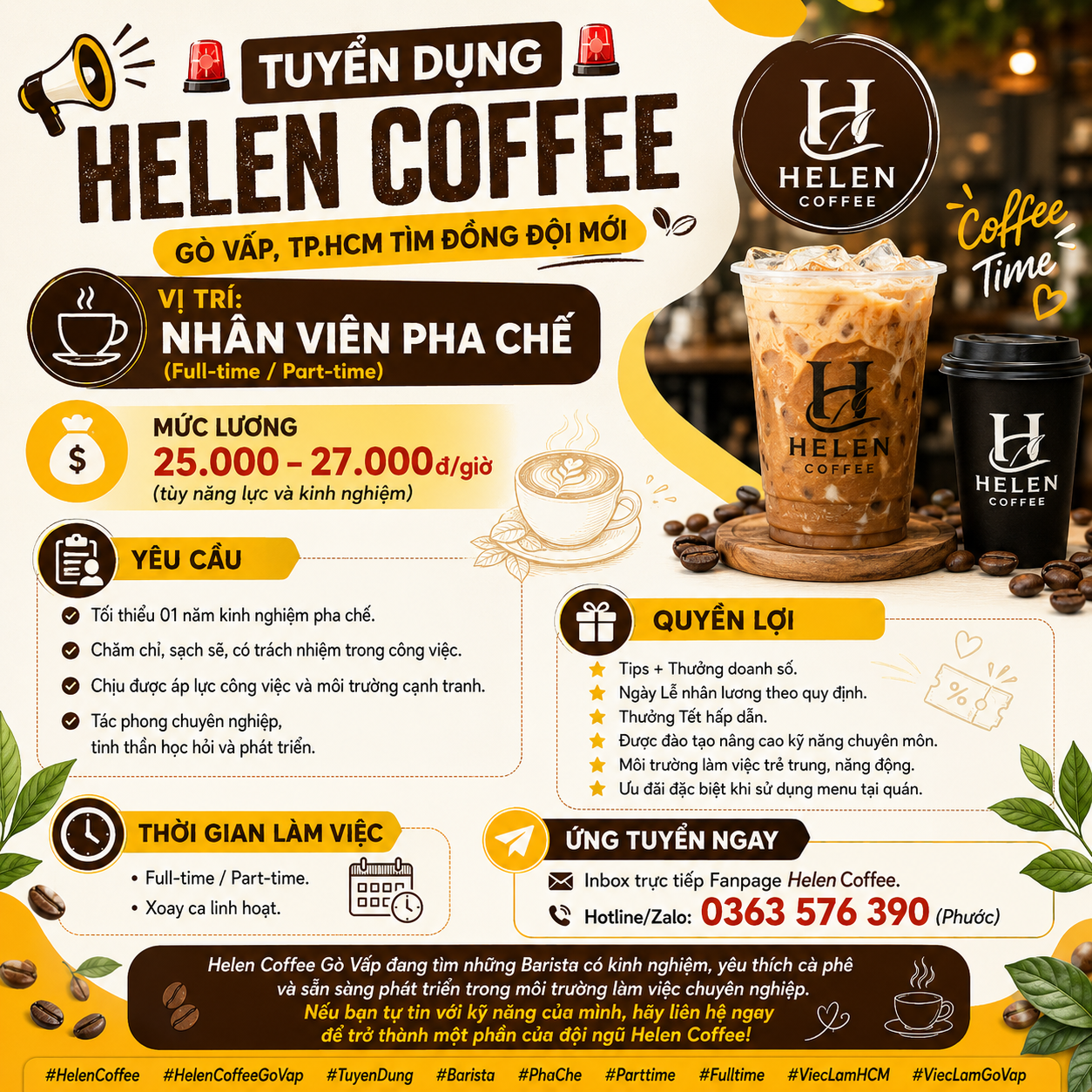  HELEN COFFEE GÒ VẤP TUYỂN NHÂN VIÊN PHA CHẾ  