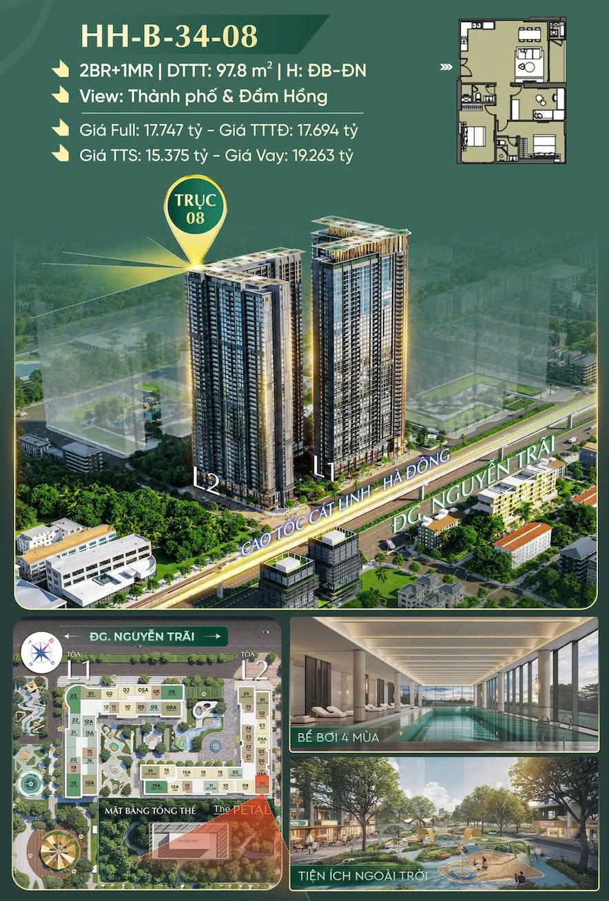  ???? Căn góc 2PN+1MR 97.8m² HH-B-34-08  Không gian sống Lumière hiếm có giữa lòng Seasons Garden 