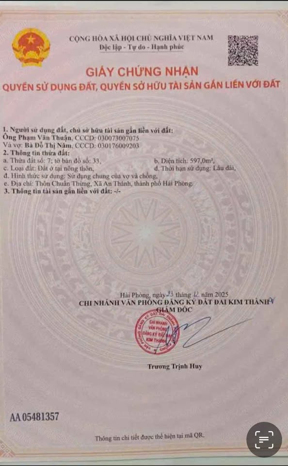  Bán lô đất 597m2 full thổ cư Thuộc  Đội 8 – Kim Đính – Kim Thành – Hải Dương ( Nay Là Xã An Thành – Hải Phòng) 