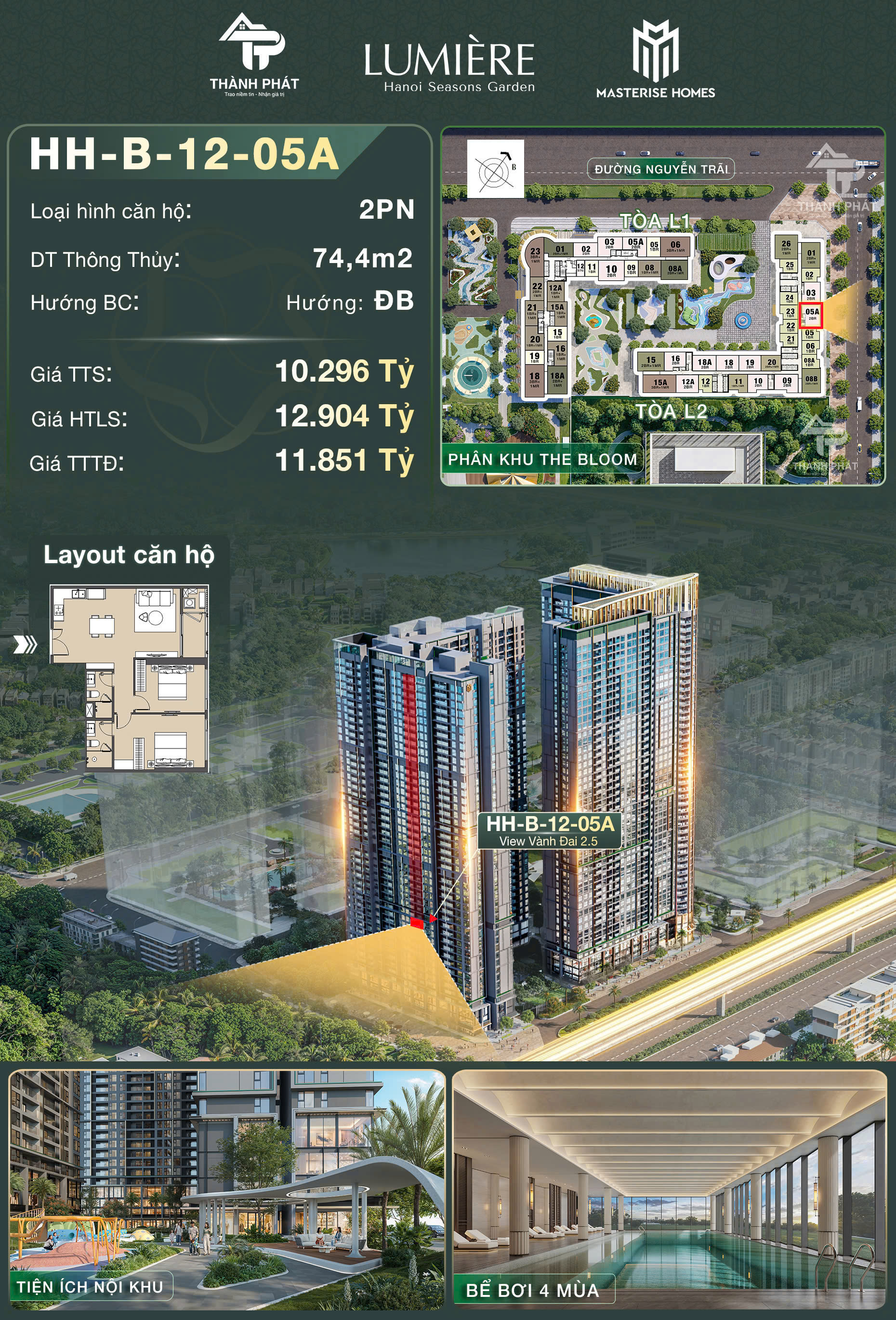  ???? Căn 1PN View Công Viên Nội Khu 53m² Tại Lumière Hanoi Seasons Garden  Hướng Đông Nam Được Ưa Chuộng 