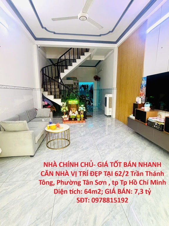  NHÀ CHÍNH CHỦ- GIÁ TỐT BÁN NHANH CĂN NHÀ VỊ TRÍ ĐẸP TẠI Phường Tân Sơn ,Tp Hồ Chí Minh 