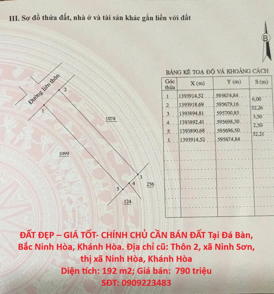  ĐẤT ĐẸP – GIÁ TỐT- CHÍNH CHỦ CẦN BÁN ĐẤT Tại Đá Bàn, Bắc Ninh Hòa, Khánh Hòa 