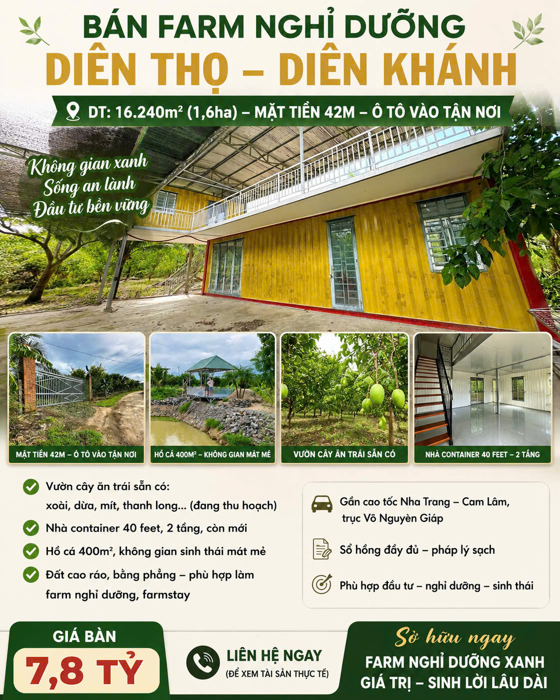  Bán Farm Diên Thọ 1.7ha giá siêu rẻ 480k/m2. Có sẳn cơ sở hạ tầng. 