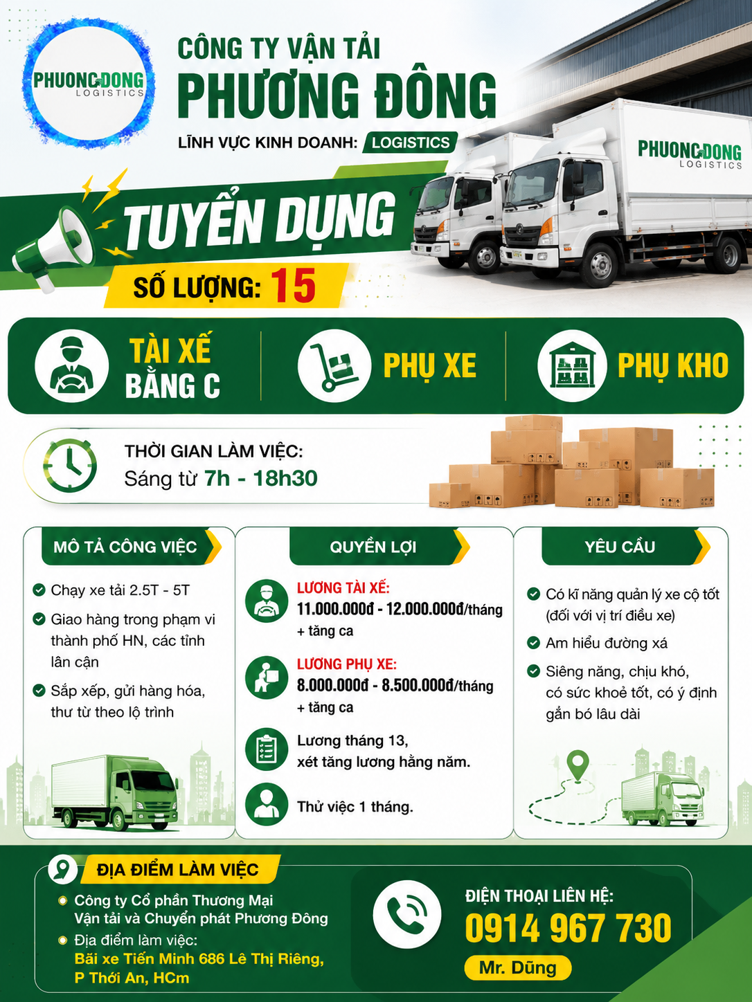  Tuyển dụng Tài xế bằng C, Phụ Xe, Phụ Kho 